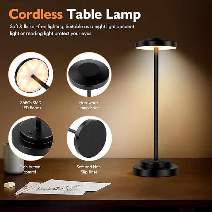 Cordless Table Lamp, Rechargeable Lamps, 5000mAh Battery Operated, LED Portable Table Lamp, 3 Color Dimmable, Aluminum, for Nightstand/Bar/Dining/Patio/Bedroom/Outdoor - LeafyLoom