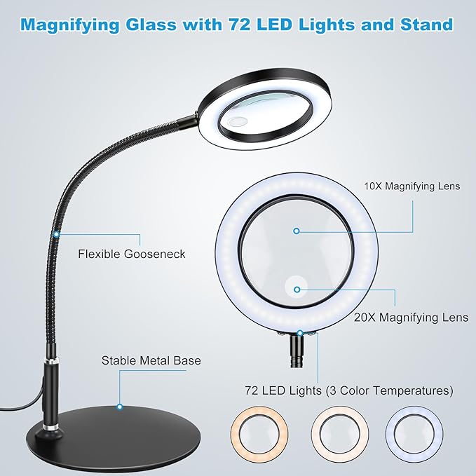 NZQXJXZ 20X10X Magnifying Glass with Light and Stand Lighted Magnifier with 72 LEDs 3 Color Modes and 10 Stepless Dimmable Desk Magnifying Lamp for Hobbies, Reading, Close Work, Jewelry - LeafyLoom