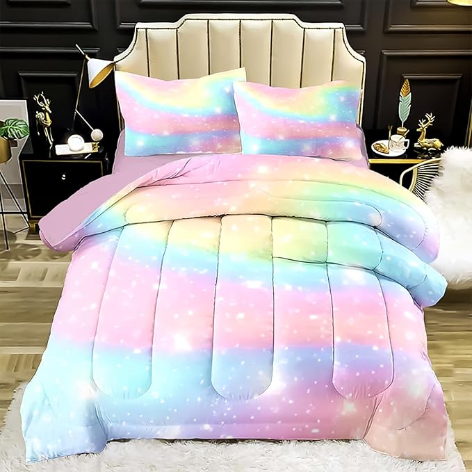 Kids Comforter Bedding Set 3 Piece Super Soft Breathable Print Kids Bedding Sets for Girls, Machine Washable Durable Comforter Set with Comforter with 2 Pillowcases(Twin, Gradient Color) - LeafyLoom