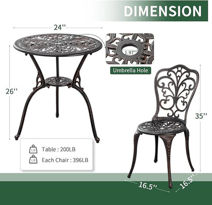 Outdoor Bistro Set 3 Piece Patio Bistro Set with Umbrella Hole, Weather Resistant Bistro Table and Chairs Set of 2 for Porch Garden, Bronze - LeafyLoom