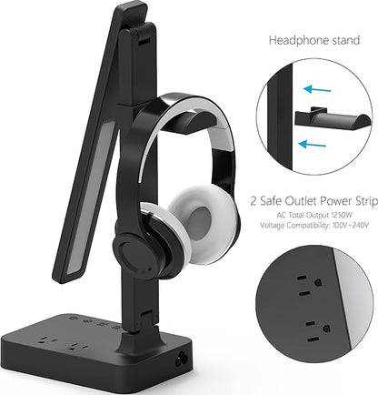 Drevet LED Desk Lamp with Headphone Stand, Desk Light with 1 USB Charging Port and 2 AC Power Outlet, 3 Lighting Modes, 3 Level Brightness,1H Timer, Memory Function, Eye-Caring Gaming Desk Lamp - LeafyLoom