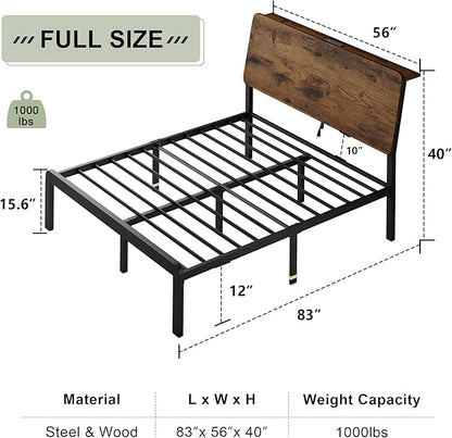 Feonase Full Size Bed Frame with Ergonomic Storage Headboard & Charging Station, LED Platform Bed Frame, Heavy Duty Metal Slats, No Box Spring Needed, Easy Assembly, Rustic - LeafyLoom