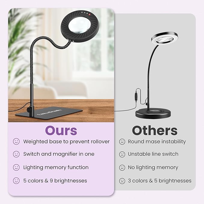 EASYINBEAUTY 8X Magnifying Glass with Light and Stand, 5 Color Modes & 9-Level Dimmable, 2-in-1 LED Magnifying Desk Lamp with Clamp, Gooseneck Magnifying Light for Crafts Hands Free, Close Work, Read - LeafyLoom