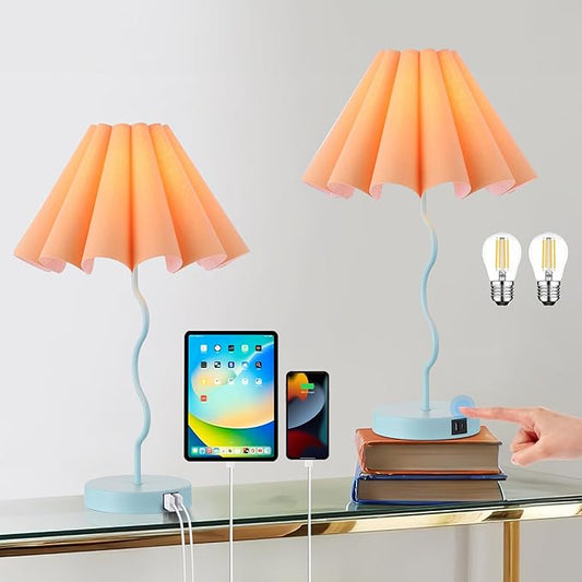 Modern Table Lamp for Bedroom Nightstand Touch Lamps Set of 2 Orange Blue Lamps for Living Room End Table Dimmable Table Lamp with USB Port and Outlet - LeafyLoom