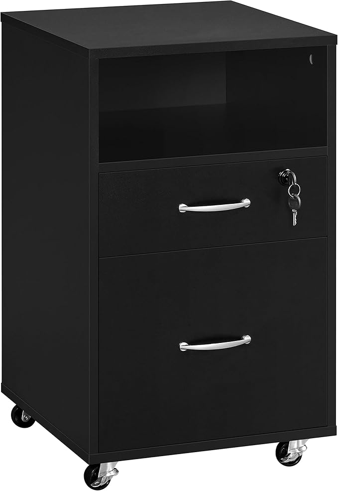 Yaheetech File Cabinet, Under Desk Vertical Cabinet with 2 Drawers and Open Compartment, Printer Stand with Lockable Wheels for A4 Letter Size Hangable File Folders for Home Office(Black) - LeafyLoom