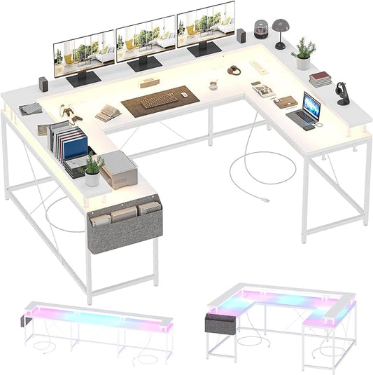 U Shaped Computer Gaming Desk, Reversible L Shaped Desk with Power Outlets, LED Strip & Monitor Stand, Large Corner Desk with Storage Shelves for Home Office, White - LeafyLoom