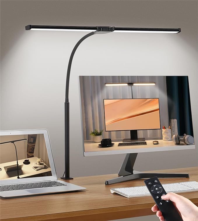 Led Desk Lamp for Home Office, Double Head Desktop Light with Clamp, Remote Control Architect Lamps for Computer Monitor, Read, Study, 25 Lighting Modes, Eye Care, Flexible Gooseneck, Black - LeafyLoom