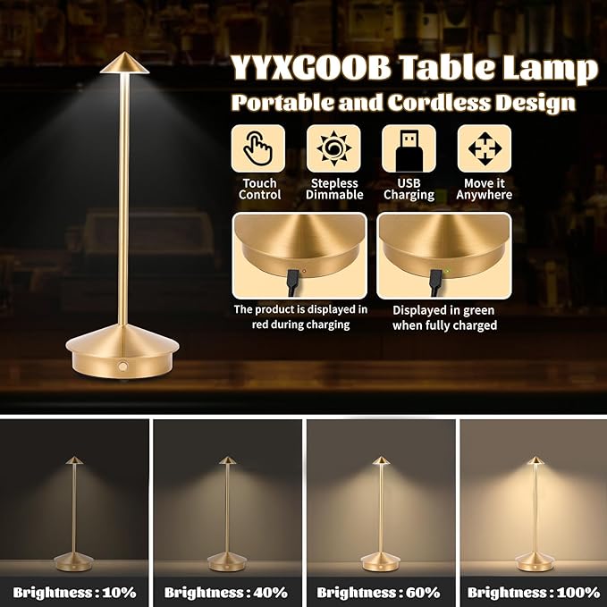 Rechargeable Battery Operated Desk Lamp with Touch Sensor Cordless Portable LED Table Lamp， Three-Level Dimmable Suitable for Bars/Cafes/Restaurants/Bedrooms/Camping Sites (Gold) - LeafyLoom