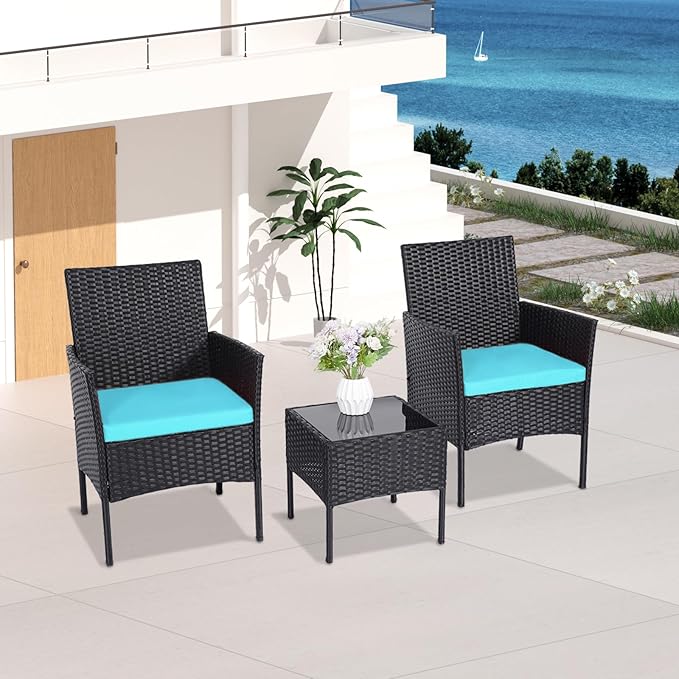 Patio Furniture Set 3 Pieces All-Weather Rattan Outdoor Furniture Patio Chairs with Tempered Glass Table for Porch Bistro Balcony Bistro Set(Black/Blue) - LeafyLoom