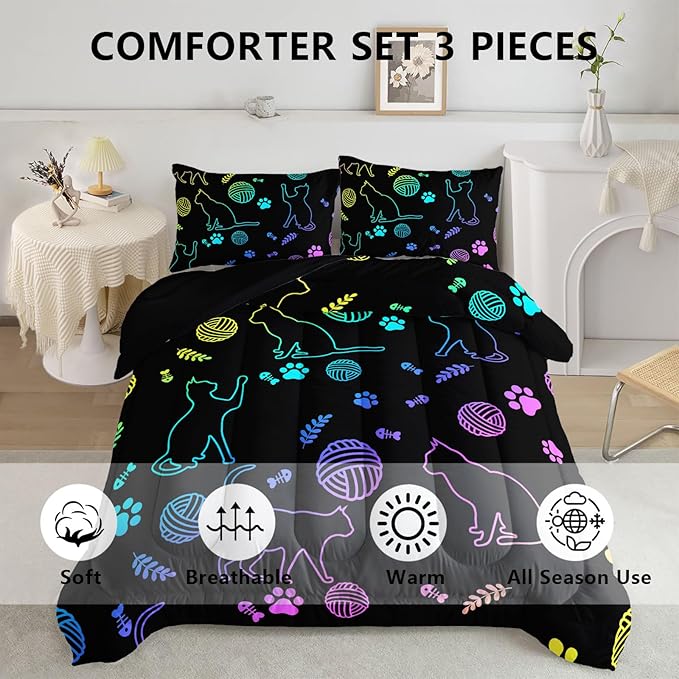 Black Cat Bedding Cartoon Cat Comforter Set Twin,Neon Cat Paw Ball of Yarn Printed Kids Bedding for Cat Lover Boys Girls Adults Room Decor,Kids Comforter,1 Quilt 2 Pillow Cases,Neon Color Purple Blue - LeafyLoom