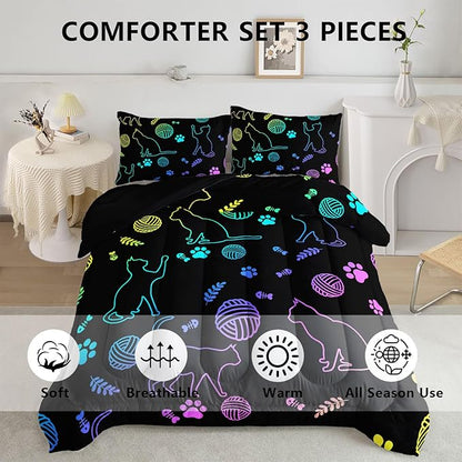 Black Cat Bedding Cartoon Cat Comforter Set Full,Neon Cat Paw Ball of Yarn Printed Kids Bedding for Cat Lover Boys Girls Adults Room Decor,Kids Comforter,1 Quilt 2 Pillow Cases,Neon Color Purple Blue - LeafyLoom