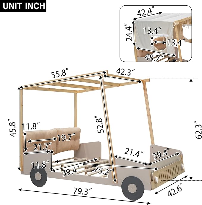 Twin Size Car Bed with Ceiling Cloth,Wood Car-Shaped Bed Frame with Pillow and LED Light for Kids Girls Boys, No Box Spring Needed, Natural - LeafyLoom