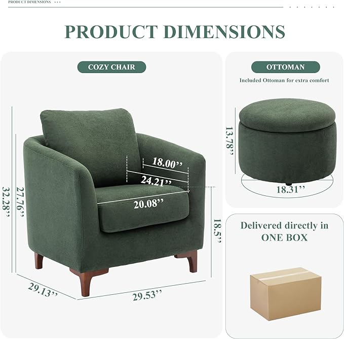 COLAMY Sherpa Accent Chair with Storage Ottoman Set, Upholstered Barrel Arm Chair with Footrest, Modern Living Room Chair with Back Pillow, Green - LeafyLoom