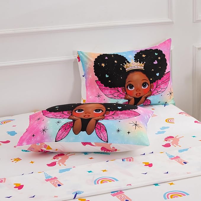 A Nice Night Black Girl Princess with Wings Comforter Set,Pink Gradient Glitter Rainbow Galaxy 6pcs Kids Bedding Set,Full - LeafyLoom