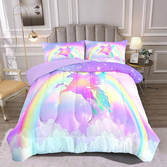 Kids Comforter Bedding Set 3 Pieces Super Soft Breathable Print Kids Bedding Sets for Girls, Machine Washable Durable Comforter Set with Comforter, 2 Pillowcases Rainbow(Twin, Purple Unicorn) - LeafyLoom