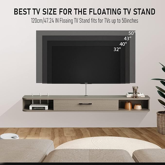 Pmnianhua Floating TV Stand,47'' Wall Mounted Floating Media Console for TVs up to 50 inches,Floating TV Shelf with Storage for Gaming Consoles Small Spaces Apartments, Bedrooms (Light Grey Oak) - LeafyLoom