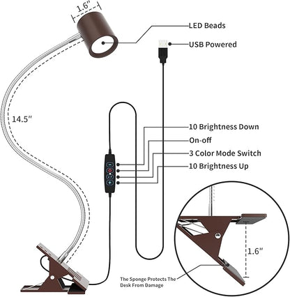 Dott Arts Desk Lamp,USB Clip On Light with 3 Color Modes,LED 10 Levels Brightness Reading Lamp, 360° Gooseneck Book Light,Eye-Care Reading Light for Home Office,Headboards Brown - LeafyLoom