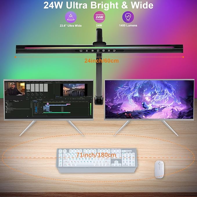 2-in-1 Desk Lamp with RGB Ambient Light, Architect Desk Lamps for Home Office, 5 Color Modes & Brightness Levels, Eye-Caring Flexible Gooseneck Table Light for Monitor Working Reading Gaming - LeafyLoom