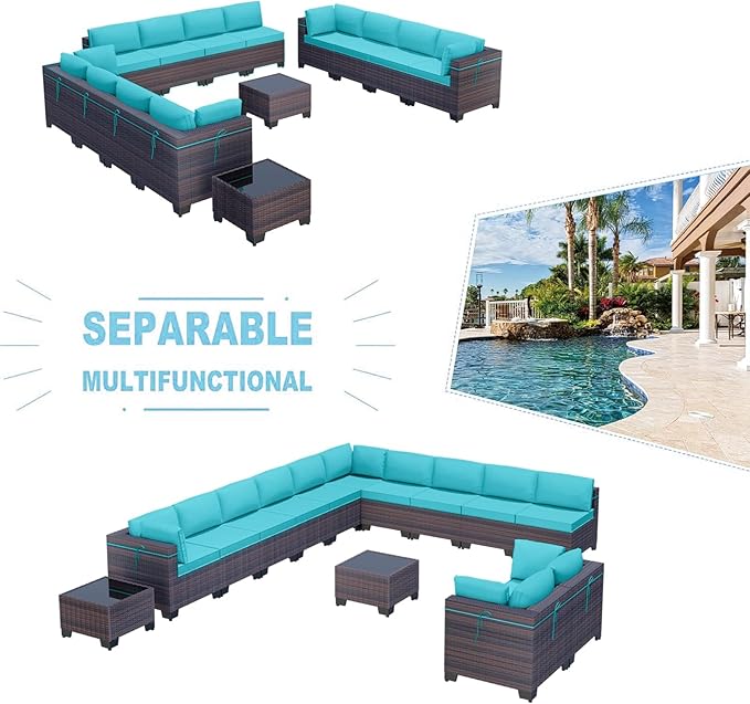 Kullavik 14PCS Outdoor Patio Furniture Set PE Wicker Rattan Sectional Sofa Patio Conversation Sets,Blue - LeafyLoom