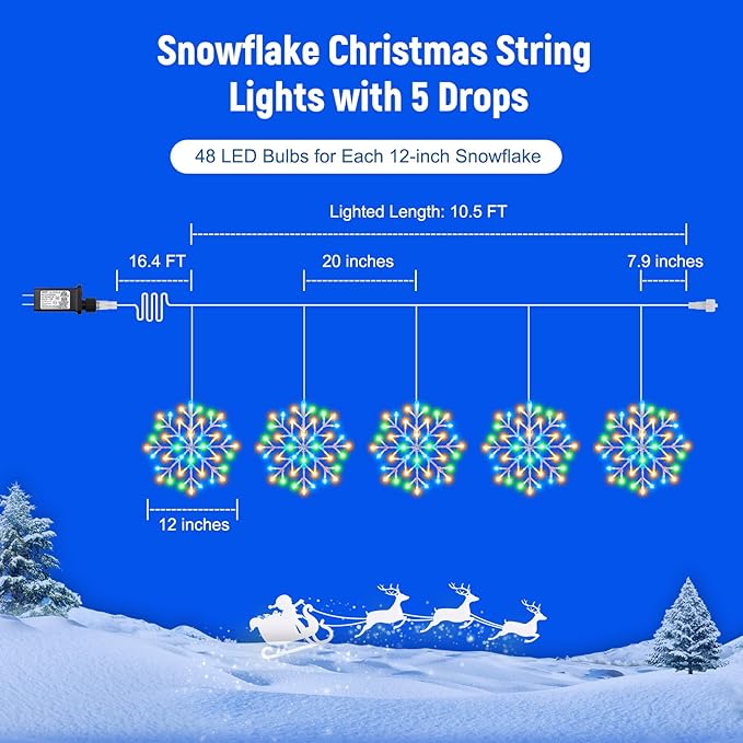 Christmas Snowflake Icicle Lights Outdoor - Plug-in 10.5ft 5 Drops 240LED Snowflake Window Lights with 8 Modes, Hanging Lights for Indoor Outdoor Porch Eaves Rooftops Christmas Decor, Multicolor Brightown