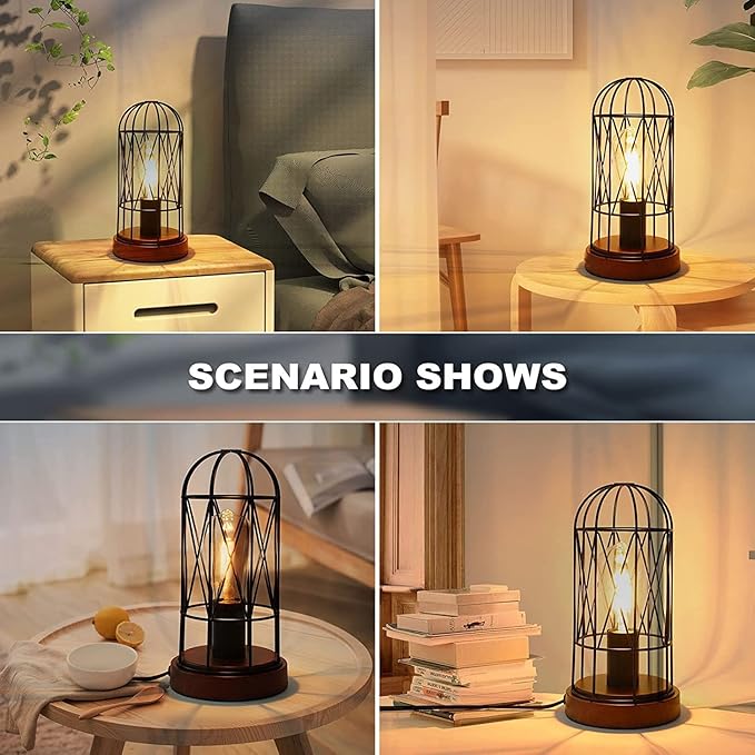 Vintage Rustic Desk Lamp Set of 2,Small Industrial Table Lamp 3 Way Dimmable Touch Control Edison Lamp with AC Outlet Bedside Lamp Metal Cage Steampunk Nightstand Lamp for Bedroom Living Room - LeafyLoom