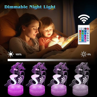 Mermaid Night Light,Gifts for Girls, 3D Illusion Lamp,Kids Bedside Lamp,16 Color Change Decor Lamp with Remote & Smart Touch, Gifts for Christmas Birthday - LeafyLoom