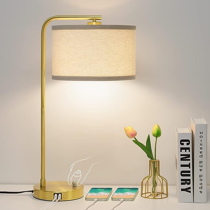 Fully Dimmable Bedside Lamp with Dual USB Ports, Mordern Gold Nightstand Lamp Desk Reading Lamp with Beige Drum Shade, Tall Side Table Lamp for Living Room Bedroom Office, 9W LED Bulb Included - LeafyLoom