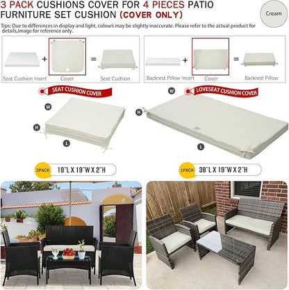 ClawsCover 3Pack Outdoor Seat Cushions Replacement Covers Fit for 4 Pieces Wicker Rattan Furniture Patio Conversation Set Loveseat Chair,38x19x2,19x19x2,Cream-Large (Include Cover Only) - LeafyLoom