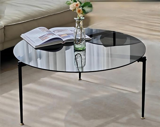 Round Tempered Glass Table: 31.5 inch Large Circle Top Storage Shelf with Metal Frame, Modern Coffee Table Center Desk Luxury Furniture for Living Room, Grey - LeafyLoom