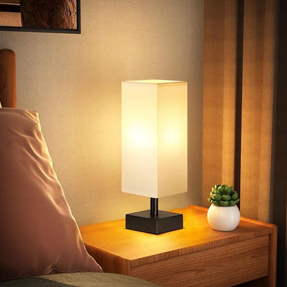 White Small Bedside Lamp for Bedroom - Table Lamps for Nightstand, Minimalist Night Stand Lamp with Square Linen Shade, Desk Reading Lamp for Kids Room Living Room Office with Black Base - LeafyLoom