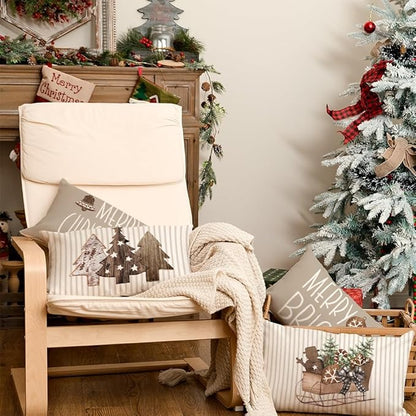 GEEORY Christmas Pillow Covers 12 x 20 Set of 4, Striped Wooden Tree Snow Sleigh Merry Bright Xmas Holiday Decor Decorative Throw Cushion Case Decoration for Home Party Sofa Couch (Brown) G399-12 GEEORY