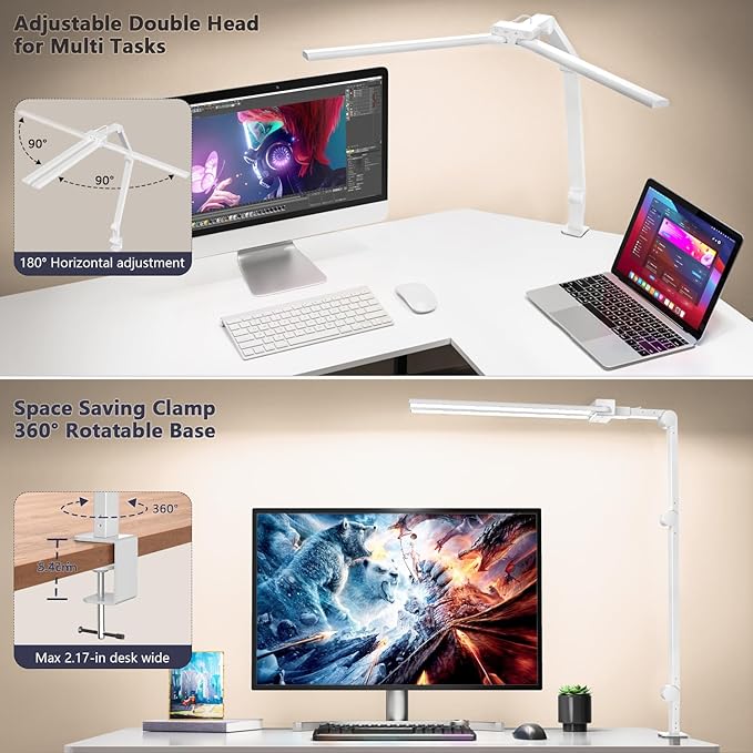 KableRika Desk Lamp,Double Head Desk Lamp with Clamp,24W Led Desk Lights for Home Office Ultra Bright Architect Table Lamp 4 Brightness 4 Color,Auto Dimming Task Lamp for Monitor Work Study White - LeafyLoom