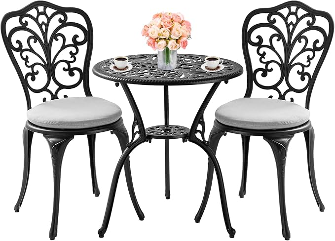 Patio Bistro Set 3 Piece Outdoor, All Weather Bistro Table and Chairs Set of 2 with Umbrella Hole, Outdoor Bistro Set with Cushions, Cast Aluminum Patio Furniture Set for Garden Porch - LeafyLoom