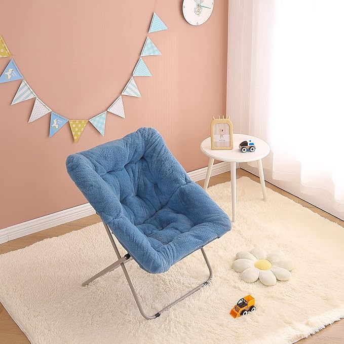 Tiita Comfy Saucer Chair, Soft Faux Fur Oversized Folding Accent Chair, Lounge Lazy Chair for Kids Teens Adults, Metal Frame Moon Chair for Bedroom, Living Room, Dorm Rooms, X-Large, Blue - LeafyLoom