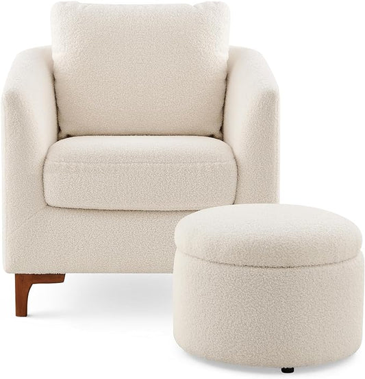 COLAMY Sherpa Accent Chair with Storage Ottoman Set, Upholstered Barrel Arm Chair with Footrest, Modern Living Room Chair with Back Pillow, Cream - LeafyLoom