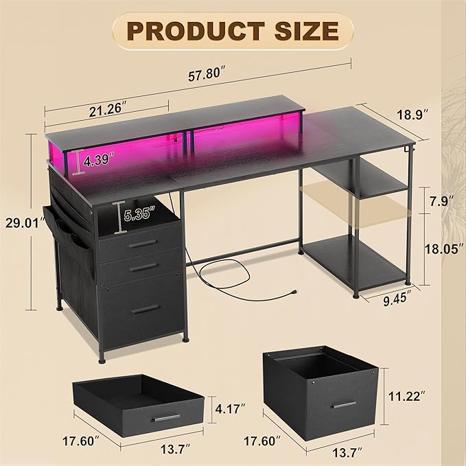 Computer Desk with 3 File Cabinet Drawers, 57.8'' Reversible Gaming Desk with LED Lights and Power Outlets, Office Desk with Storage Shelves and Dual Monitor Stand for Home & Office (Black) - LeafyLoom