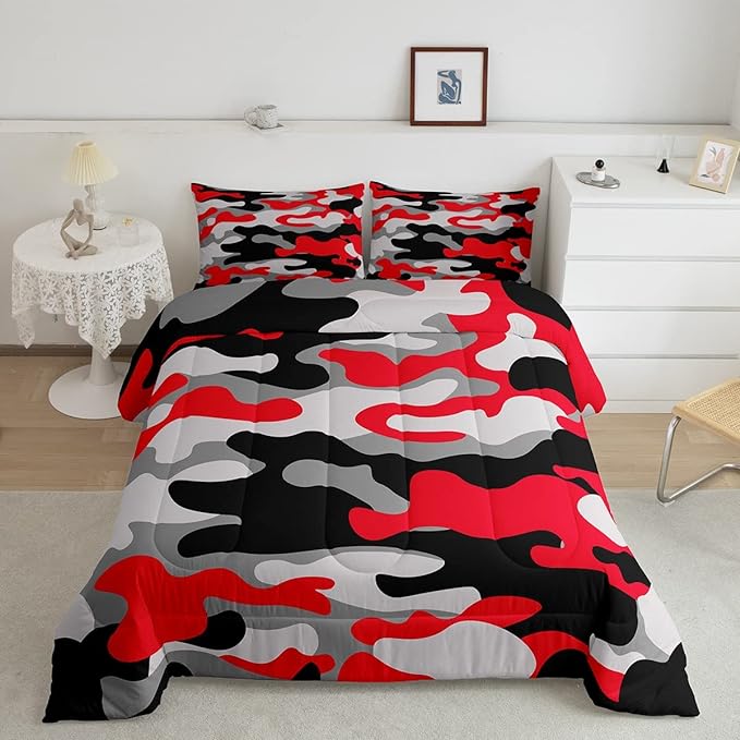 Feelyou Twin Size Camouflage Comforter Set 3Pcs Kids Bedding Set for Boys Girls Teens 1 Comforter & 2 Pillowcases(Twin,Red Black) - LeafyLoom