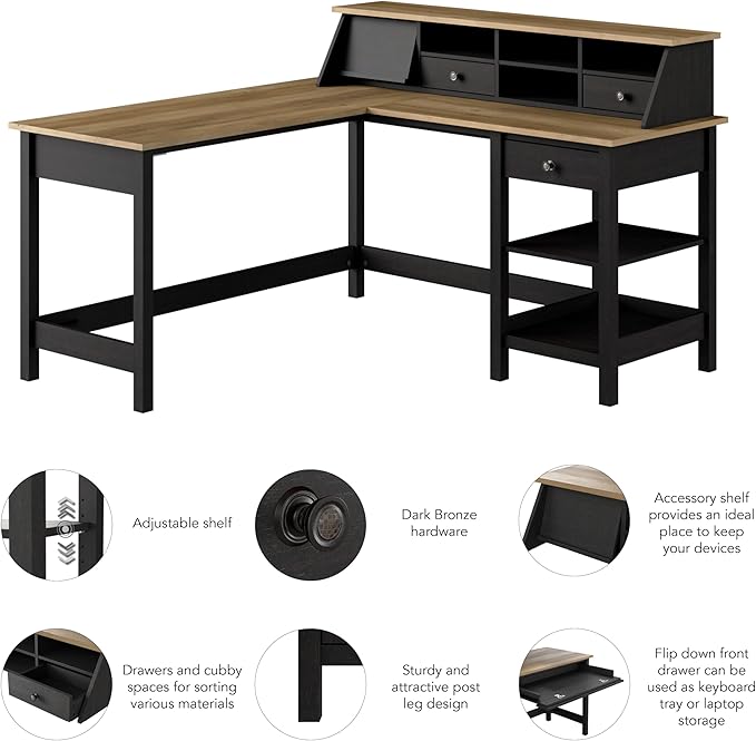 Bush Furniture Mayfield 60W L Shaped Computer Desk with Storage and Desktop Organizer in Vintage Black and Reclaimed Pine | Storage for Home Office Workspace - LeafyLoom