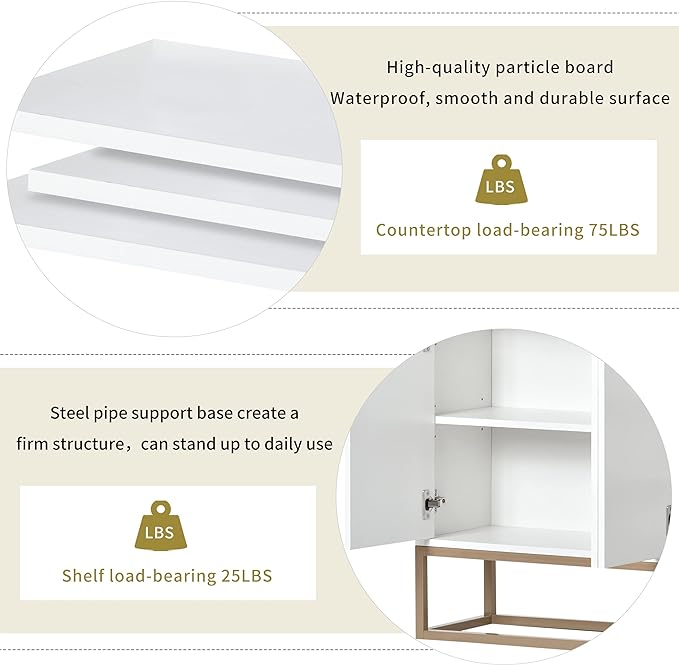 Sideboard Buffet Cabinet with Large Storage Space,Modern Particle Board Kitchen Console Table,W/ 4 Doors and Gold Metal Legs,Dining Room,Entryway,White, 47.2" - LeafyLoom