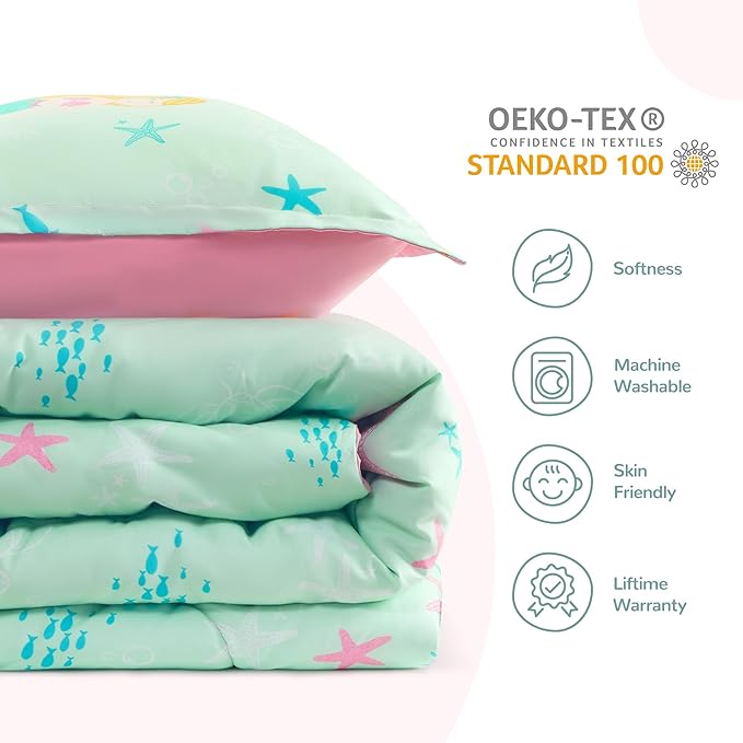 SLEEP ZONE Kids Bedding Comforter Set, Cute Pattern & Super Soft 2 Pieces Bedding Sets, All Season for Girls, 1 Comforter, 1 Pillowcase, Fade Resistant (Mermaid Princess, Twin) - LeafyLoom