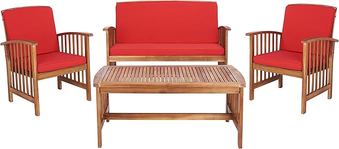 SAFAVIEH Outdoor Collection Rocklin Natural/ Red Cushion 4-Piece Conversation Patio Set - LeafyLoom