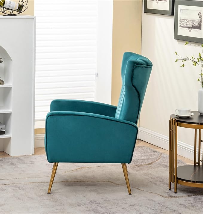 Armchair Modern Velvet Accent Chair, Channel Tufted Bedroom, Office or Living Room Furniture with Elegant Metal Legs, Blueish Green - LeafyLoom