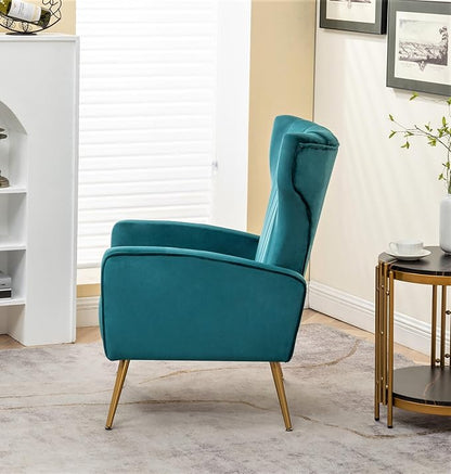 Armchair Modern Velvet Accent Chair, Channel Tufted Bedroom, Office or Living Room Furniture with Elegant Metal Legs, Blueish Green - LeafyLoom