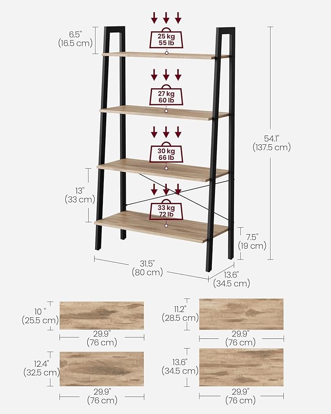 VASAGLE Ladder Shelf, 4-Tier Bookshelf, Storage Rack, Bookcase with Steel Frame, for Living Room, Home Office, Kitchen, Bedroom, Industrial Style, Camel Brown and Black ULLS144B50 - LeafyLoom