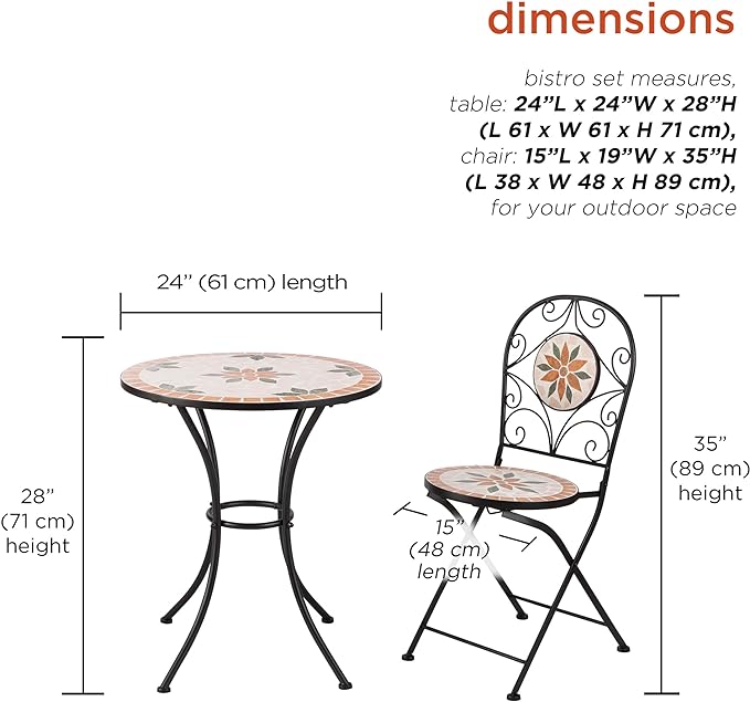 Alpine Corporation Indoor/Outdoor 3-Piece Mosaic Bistro Set Folding Table and Chairs Patio Seating, Tan - LeafyLoom