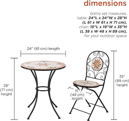 Alpine Corporation Indoor/Outdoor 3-Piece Mosaic Bistro Set Folding Table and Chairs Patio Seating, Tan - LeafyLoom