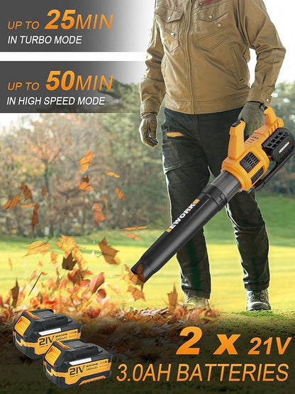 EWORK Cordless Leaf Blower - 21V Electric Leaf Blower Cordless with (2) 3.0Ah Battery and Fast Charger 400CFM Variable Speed & Turbo Mode - Battery Powered Leaf Blowers for Lawn Care and Patio - LeafyLoom