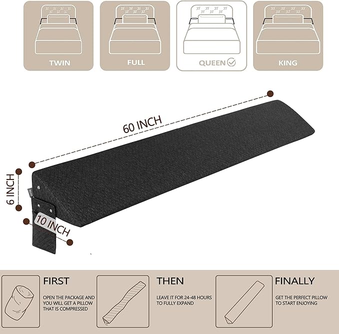 Bed Wedge Pillow,Headboard Pillow,Mattress Wedge,Close The Gap (0-8") Between Your Mattress and Headboard,Bed Gap Filler (Grey, Queen) - LeafyLoom