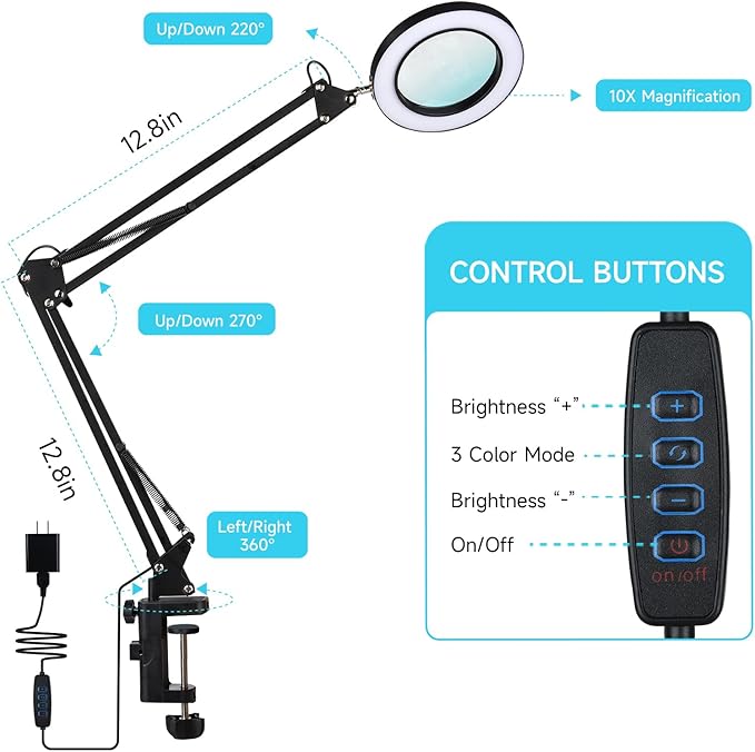 LED Magnifier Desk Lamp with Stand, 3 Color Modes & Stepless Dimming 5-Diopter Glass Lens, Adjustable Swivel Arm - Magnifying lamp for Close Work, Repair, Crafts, Reading - Long - LeafyLoom