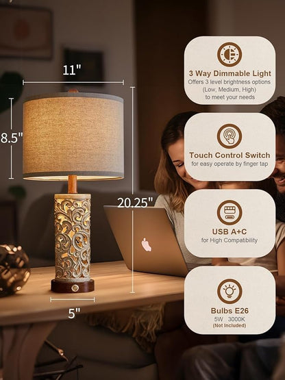 OYEARS 3-Way Dimmable 22'' USB A+C Touch Control Table Lamp Set of 2 with Nightlight for Living Room Bedroom Farmhouse Bedside Nightstand Lamps (Brown, Bulb Included) - LeafyLoom